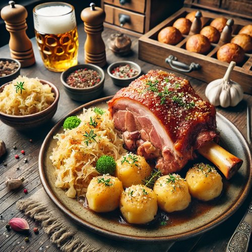 Bayerische Schweinshaxe mit Kndel und Sauerkraut