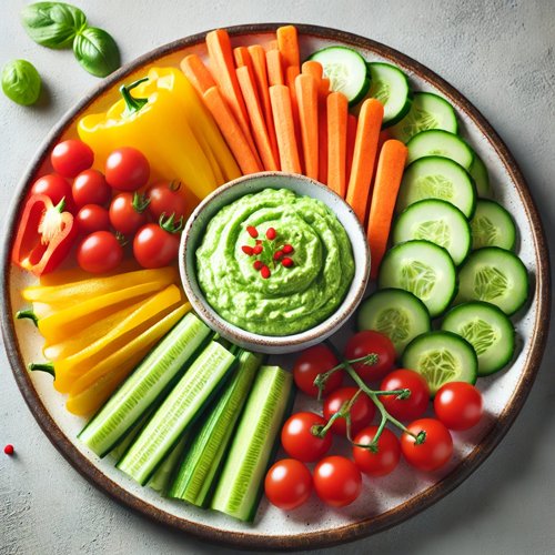 Bunte Gemseplatte mit Avocado-Dip