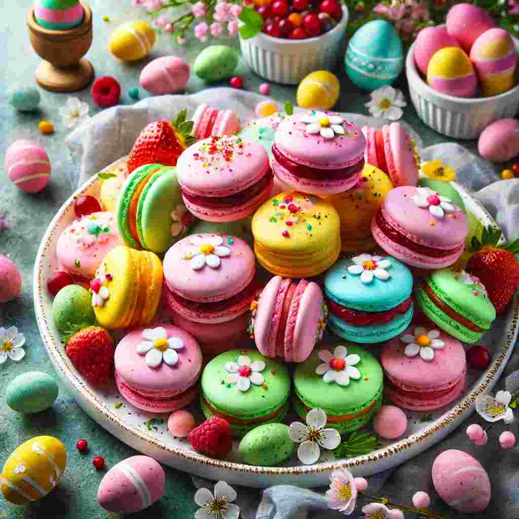 Bunte Oster-Macarons mit Fruchtfüllung