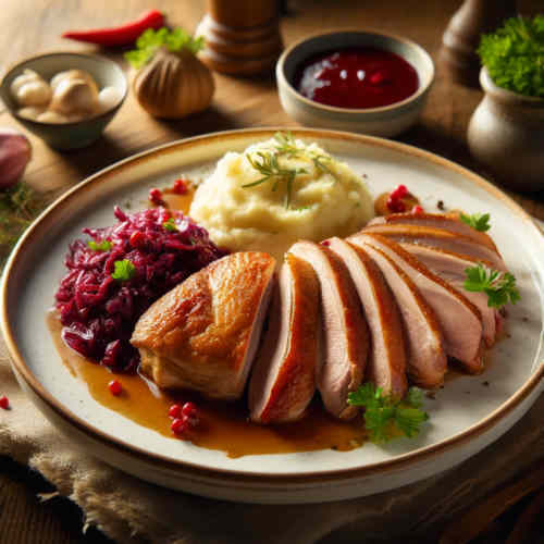 Ente mit Kartoffelpüree, Rotkohl und Preißelbeeren