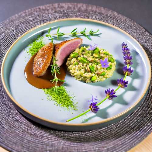 Lavendel-Honig-Entenbrust mit Pistazien-Risotto