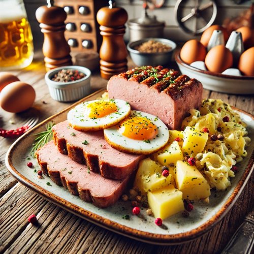 Leberkse mit Spiegelei und Kartoffelsalat