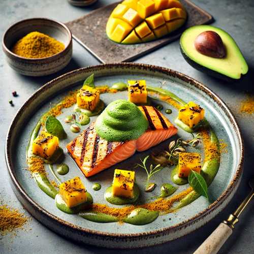 Mango-Kurkuma-Lachs mit Avocado-Matcha-Schaum