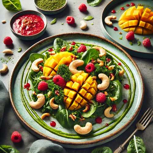 Matcha-Mango-Salat mit gersteten Cashewkernen und Himbeer-Vinaigrette