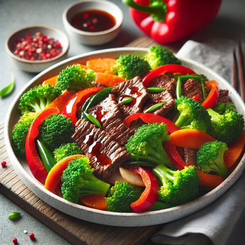 Rindfleisch-Gemüse-Wok mit Brokkoli und Paprika