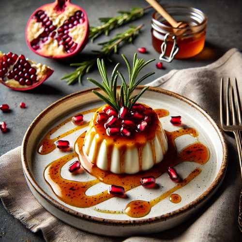 Safran-Panna-Cotta mit Rosmarin-Karamell und Granatapfelkernen