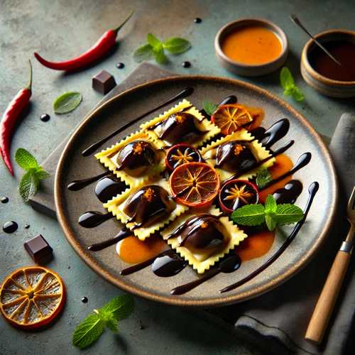 Schokoladen-Chili-Ravioli mit Orangen-Balsamico-Reduktion