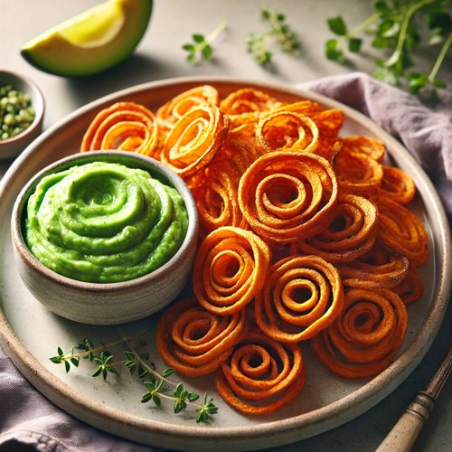 Süßkartoffel-Spiralen mit Avocado-Dip